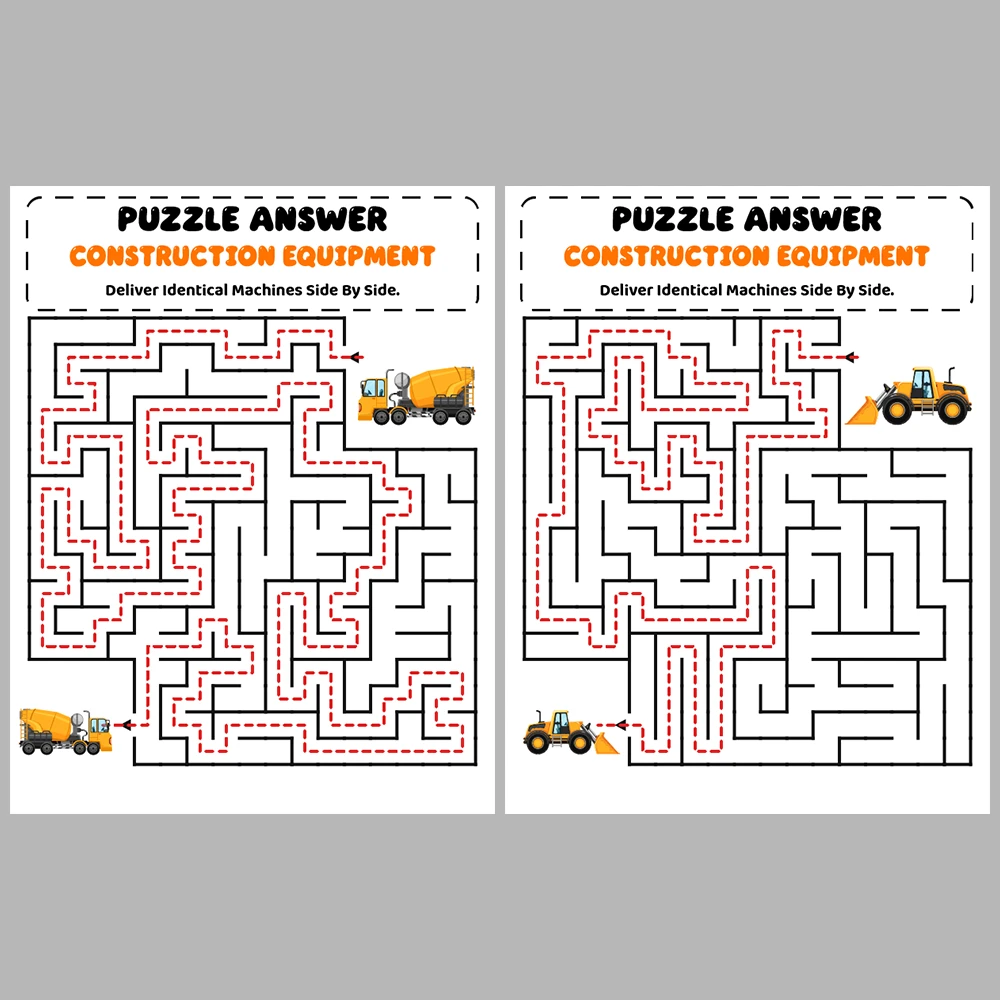 Construction Equipment Kids Maze Puzzle 10 Puzzle Pages + 10 Answer Key Pages