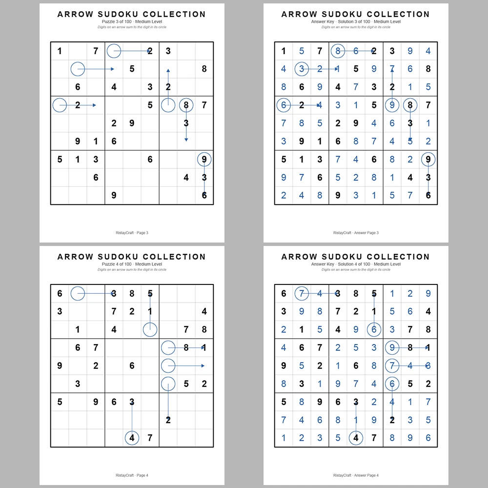 Suooku Puzzle Arrow Sudoku 100 Puzzle Pages + 100 Answer Key Pages