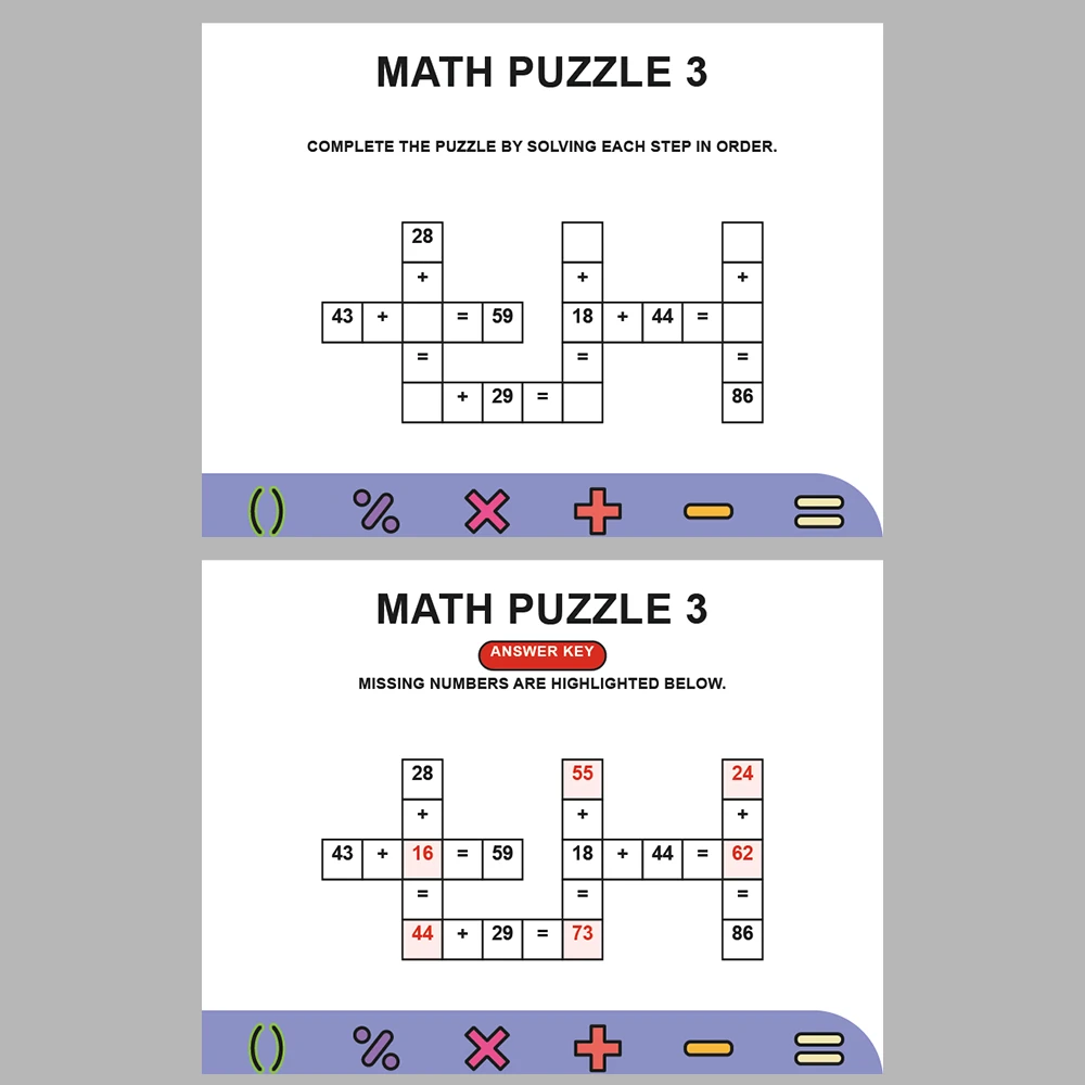 Math Puzzle Addition 10 Puzzle Pages + 10 Answer Key Pages (Vol. 5)