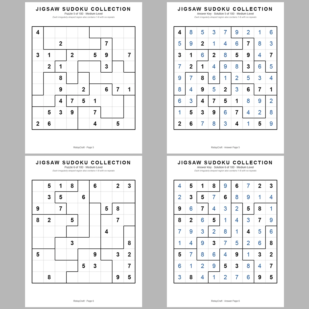 Sudoku Puzzle Jigsaw Sudoku 100 Puzzle Pages + 100 Answer Key Pages