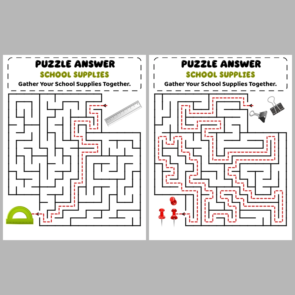 School Supplies Kids Maze Puzzle 10 Pages of Puzzles