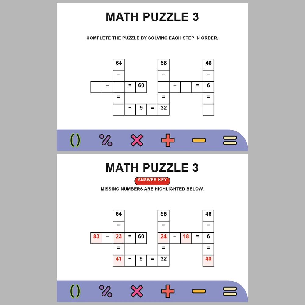 Math Puzzle Subtraction 10 Puzzle Pages + 10 Answer Key Pages (Vol. 2)