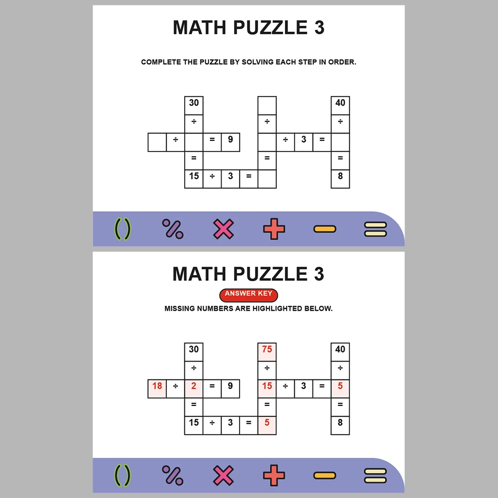 Math Puzzle Division 10 Puzzle Pages + 10 Answer Key Pages (Vol. 2)