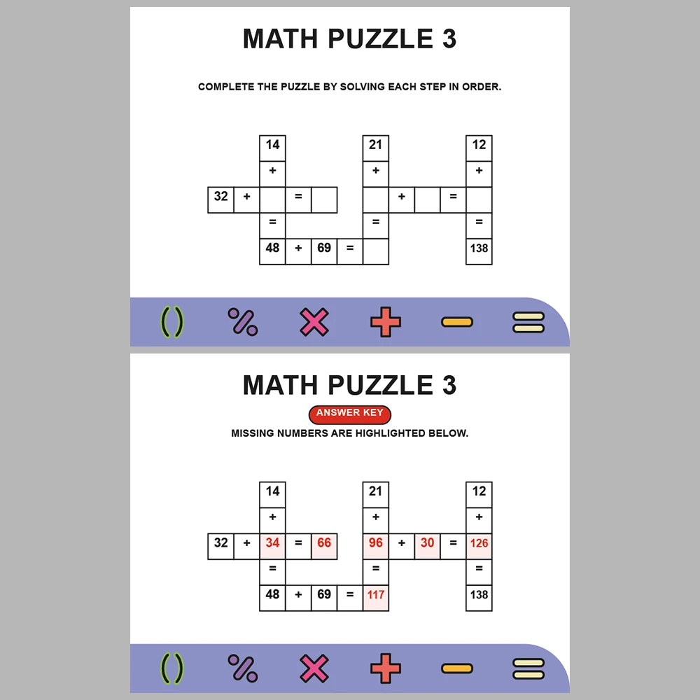 Math Puzzle Addition 10 Puzzle Pages + 10 Answer Key Pages (Vol. 1)