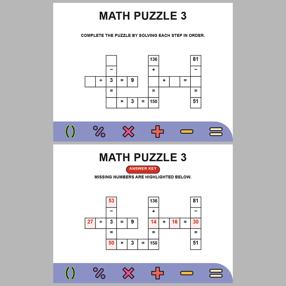 Math Puzzle Four Operations 10 Puzzle Pages + 10 Answer Key Pages (Vol. 15)