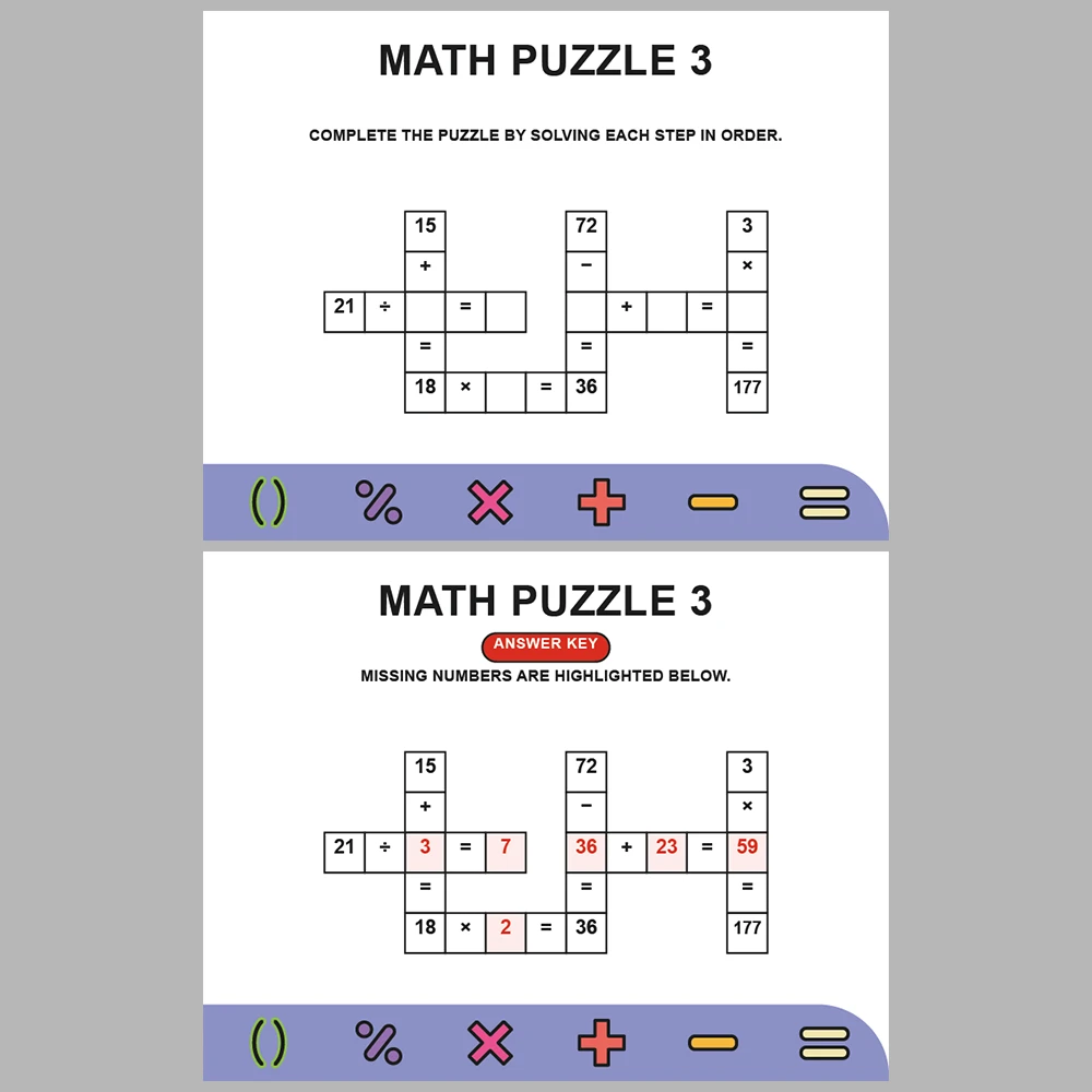 Math Puzzle Four Operations 10 Puzzle Pages + 10 Answer Key Pages (Vol. 13)