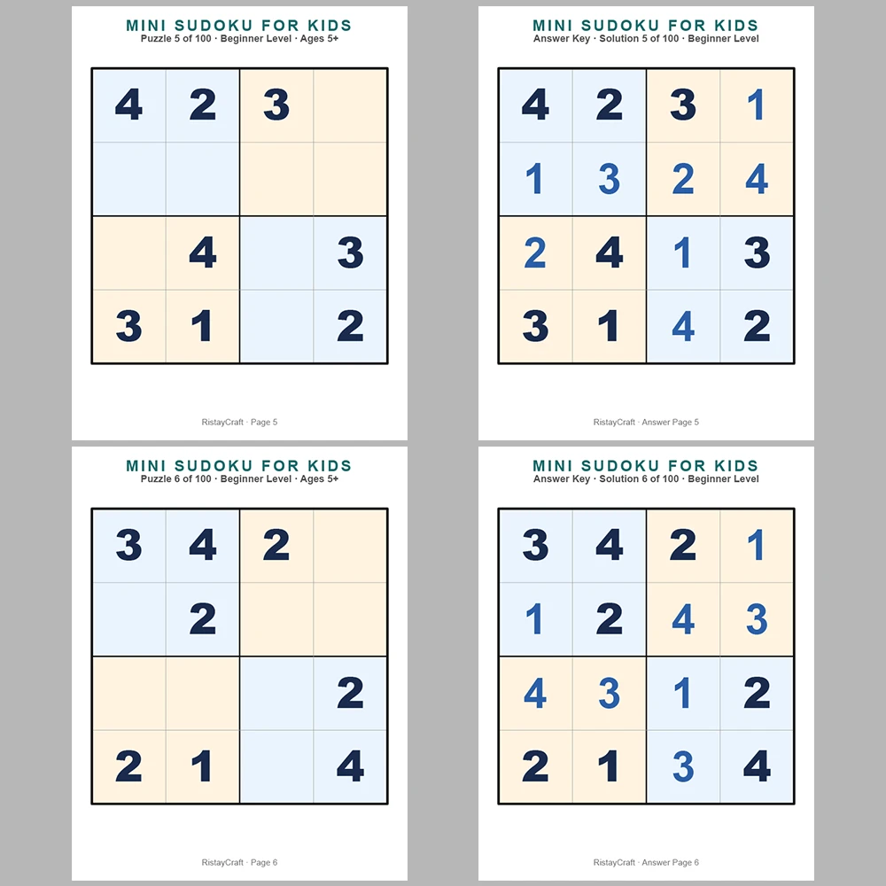 Mini Sudoku Puzzle for Kids 100 Puzzle Pages + 100 Answer Key Pages
