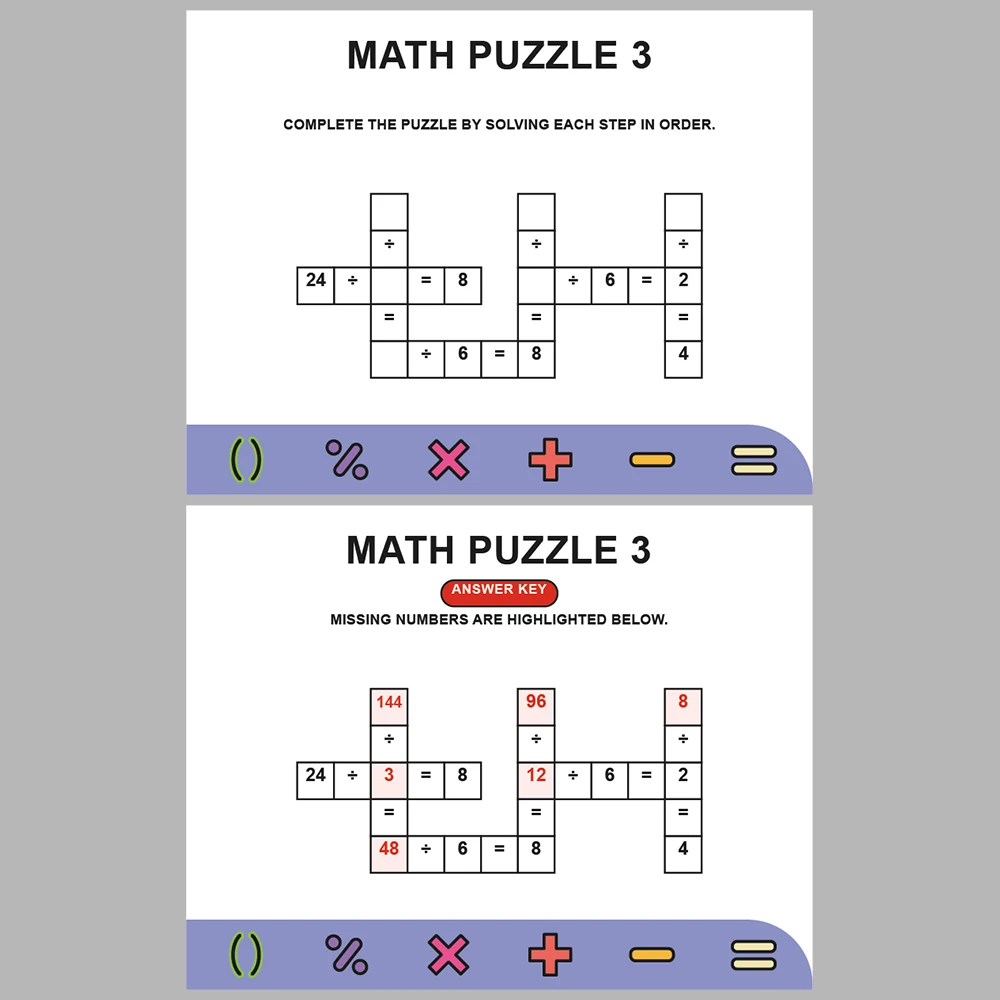 Math Puzzle Division 10 Puzzle Pages + 10 Answer Key Pages (Vol. 1)