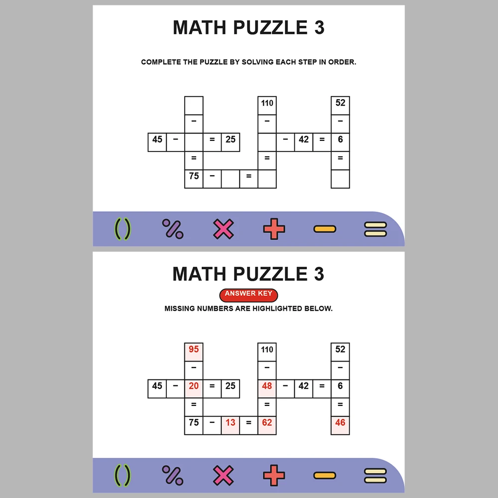 Math Puzzle Subtraction 10 Puzzle Pages + 10 Answer Key Pages (Vol. 8)