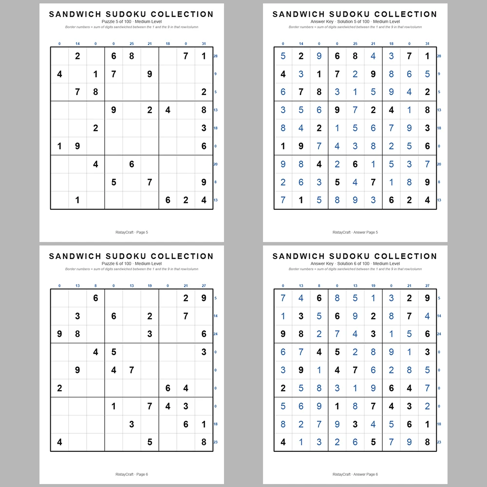 Suooku Puzzle Sandwich Sudoku 100 Puzzle Pages + 100 Answer Key Pages