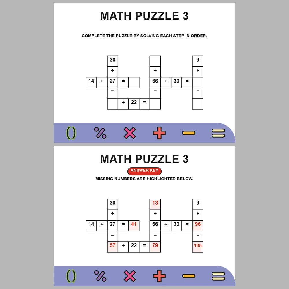 Math Puzzle Addition 10 Puzzle Pages + 10 Answer Key Pages (Vol. 10)