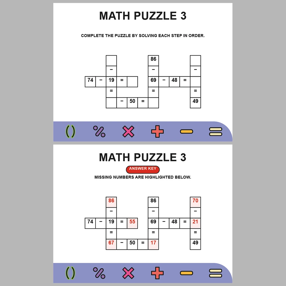 Math Puzzle Subtraction 10 Puzzle Pages + 10 Answer Key Pages (Vol. 9)