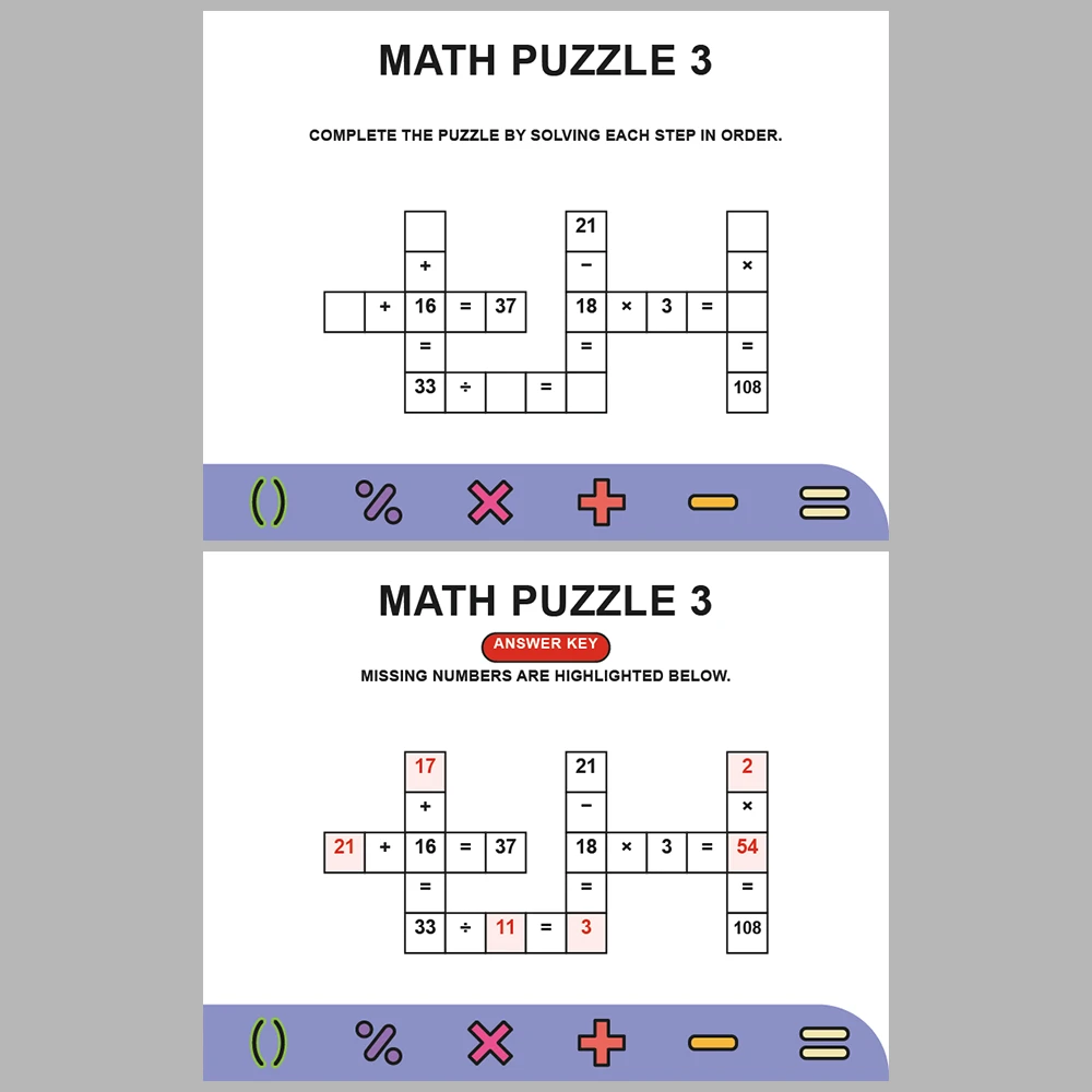 Math Puzzle Four Operations 10 Puzzle Pages + 10 Answer Key Pages (Vol. 8)