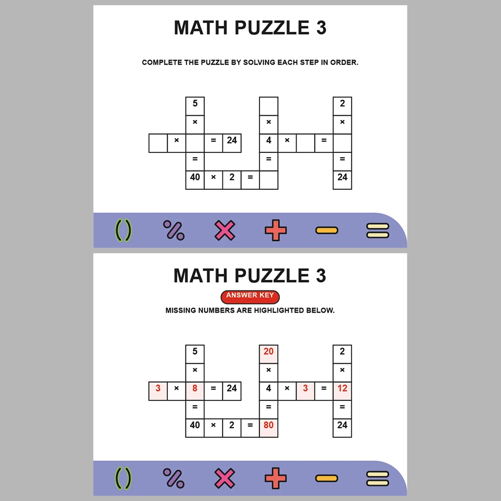 Math Puzzle Multiplication 10 Puzzle Pages + 10 Answer Key Pages (Vol. 4)