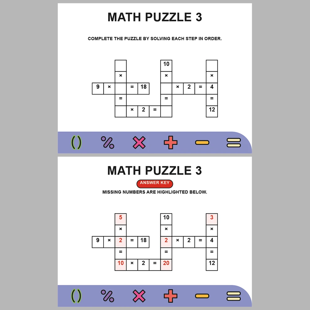 Math Puzzle Multiplication 10 Puzzle Pages + 10 Answer Key Pages (Vol. 9)