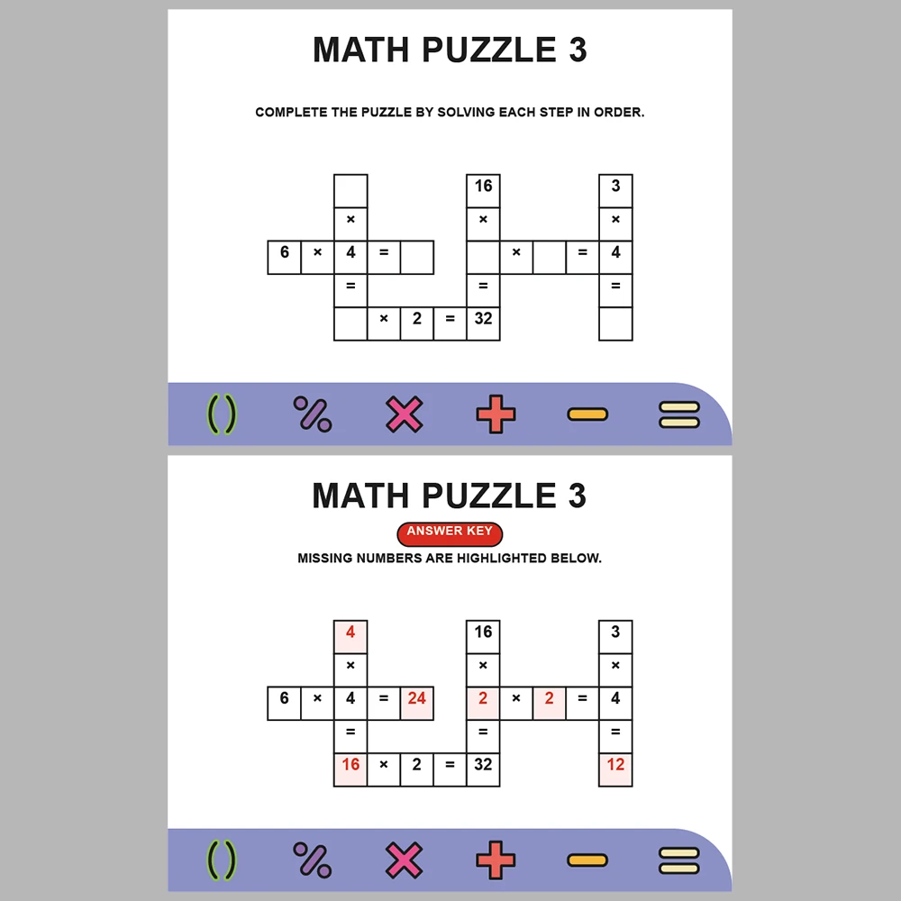 Math Puzzle Multiplication 10 Puzzle Pages + 10 Answer Key Pages (Vol. 1)
