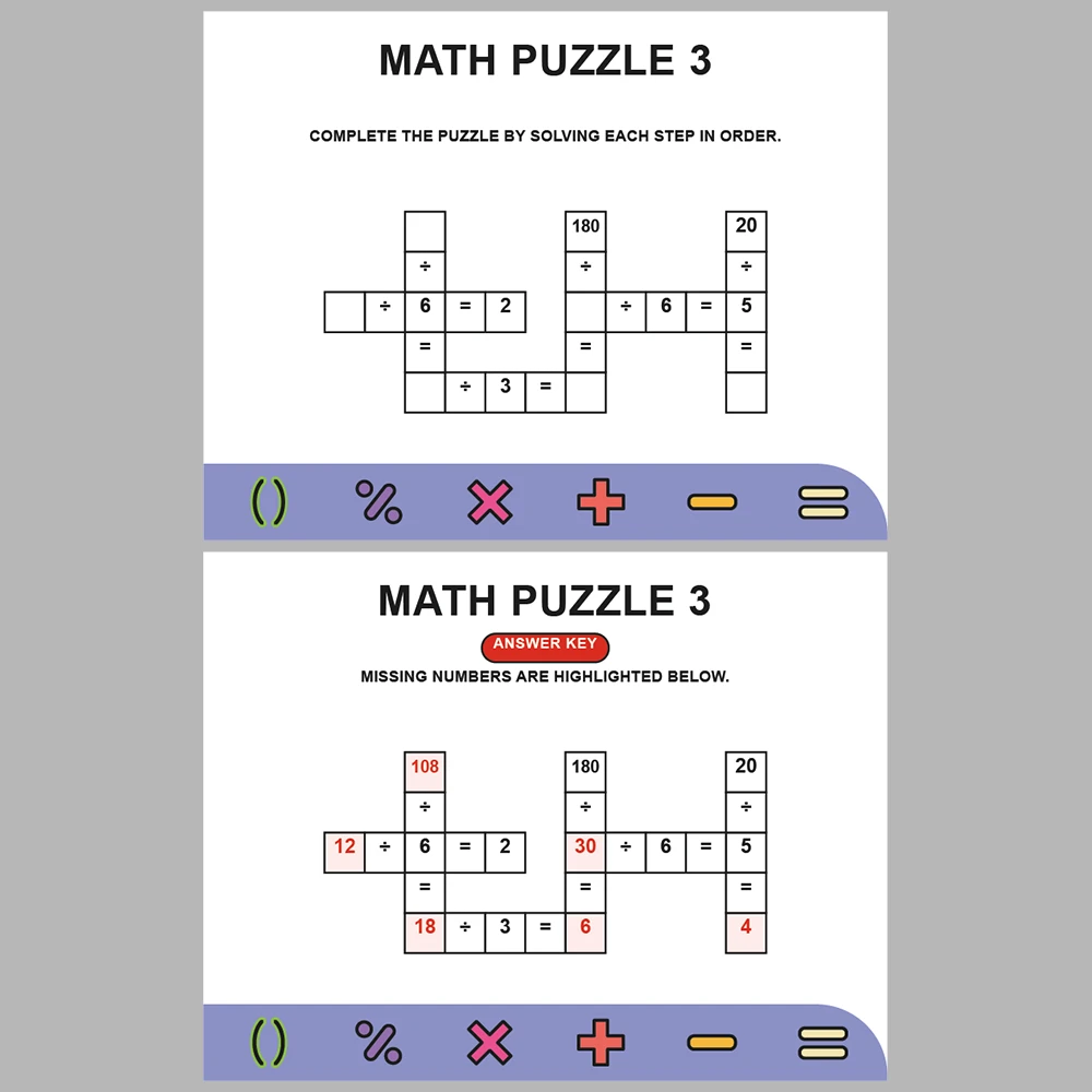 Math Puzzle Division 10 Puzzle Pages + 10 Answer Key Pages (Vol. 10)