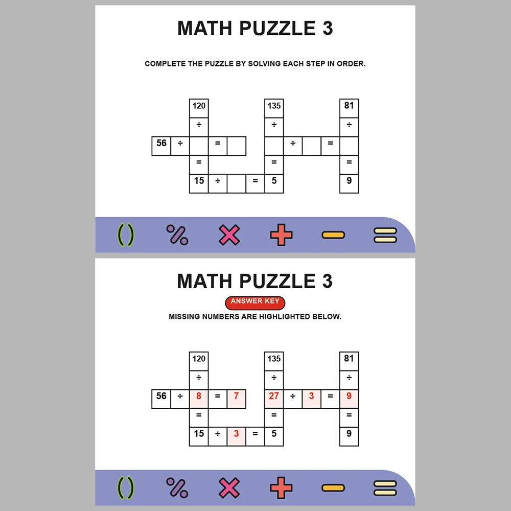 Math Puzzle Division 10 Puzzle Pages + 10 Answer Key Pages (Vol. 5)