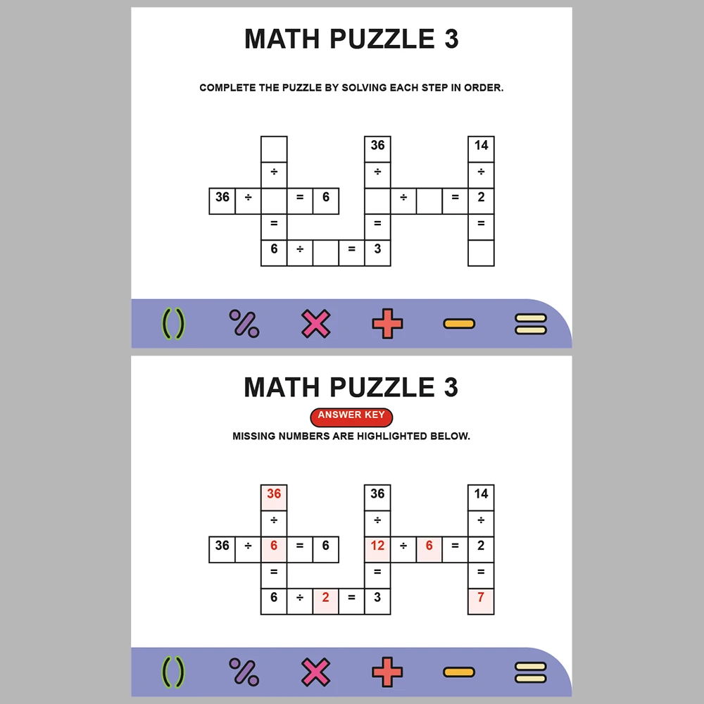 Math Puzzle Division 10 Puzzle Pages + 10 Answer Key Pages (Vol. 8)