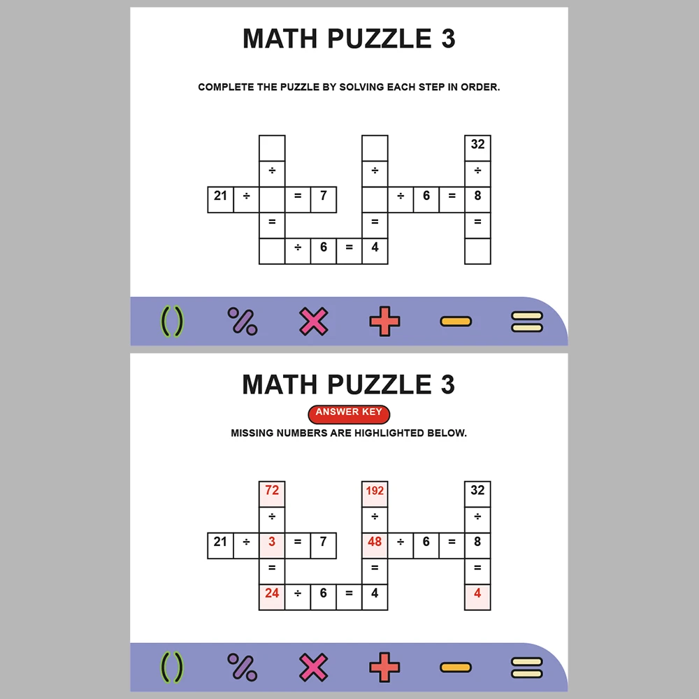 Math Puzzle Division 10 Puzzle Pages + 10 Answer Key Pages (Vol. 6)