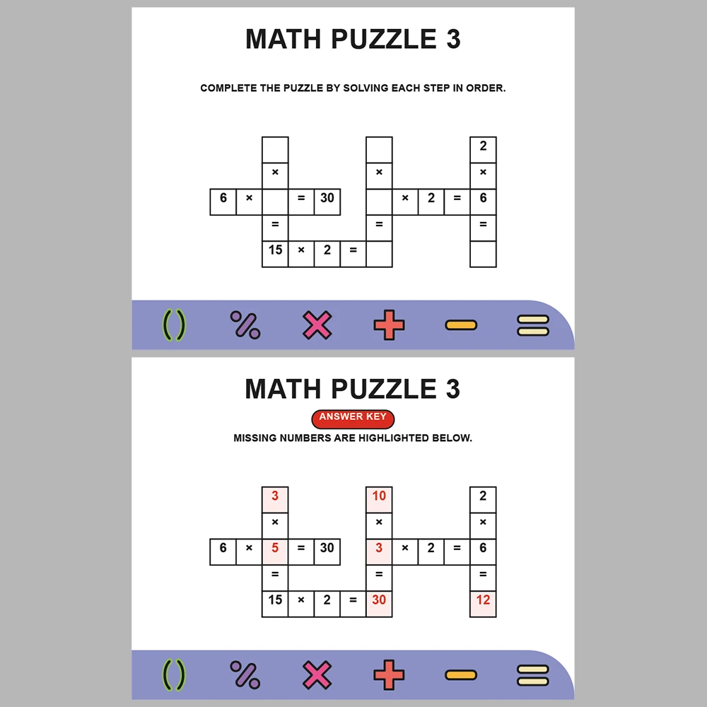 Math Puzzle Multiplication 10 Puzzle Pages + 10 Answer Key Pages (Vol. 8)