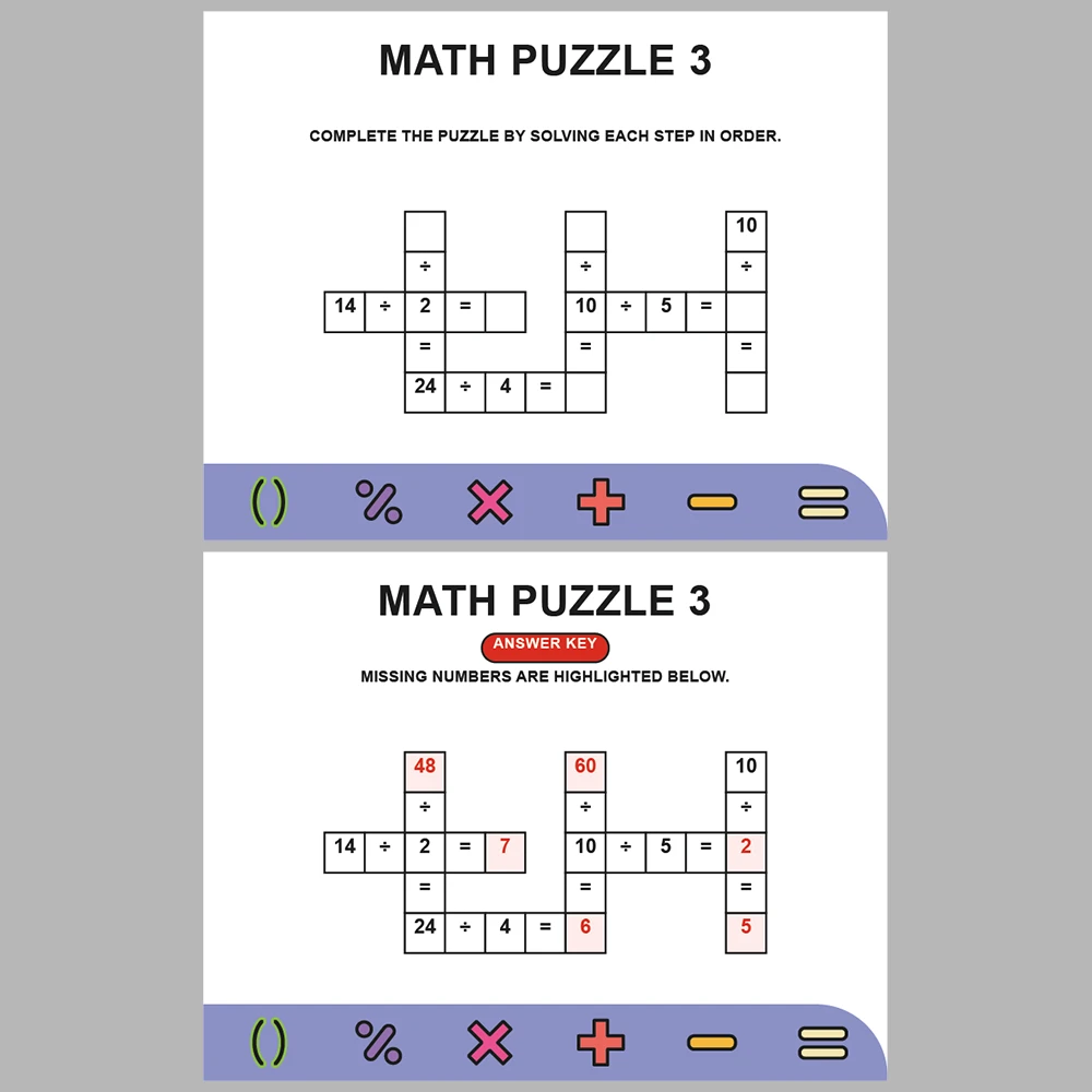 Math Puzzle Division 10 Puzzle Pages + 10 Answer Key Pages (Vol. 7)