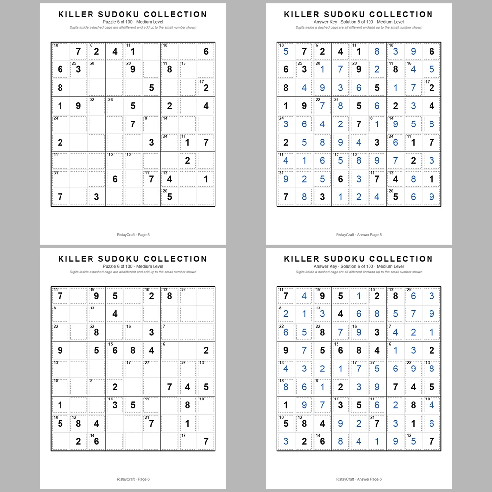 Sudoku Puzzle Killer Sudoku 100 Puzzle Pages + 100 Answer Key Pages