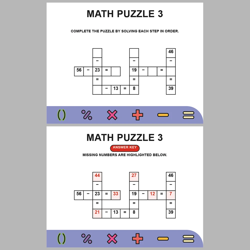 Math Puzzle Subtraction 10 Puzzle Pages + 10 Answer Key Pages (Vol. 1)
