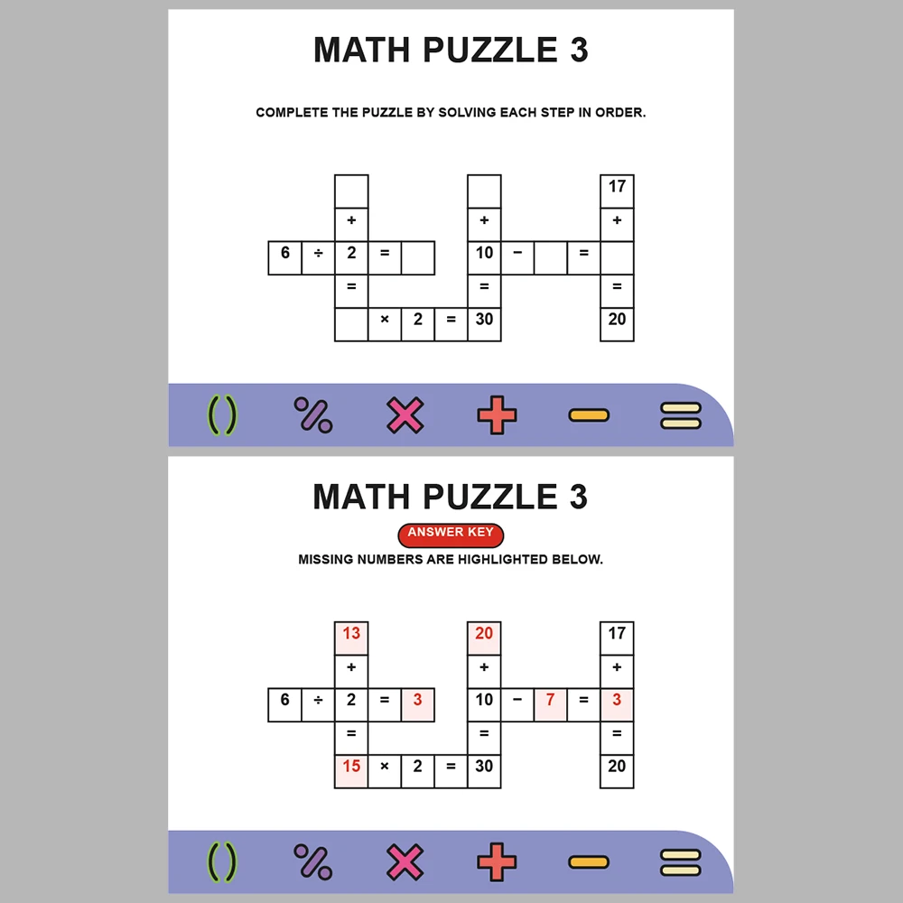 Math Puzzle Four Operations 10 Puzzle Pages + 10 Answer Key Pages (Vol. 5)