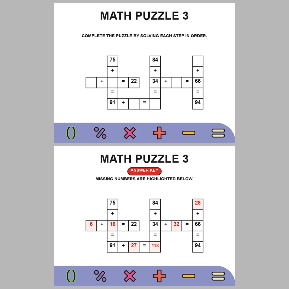 Math Puzzle Addition 10 Puzzle Pages + 10 Answer Key Pages (Vol. 7)