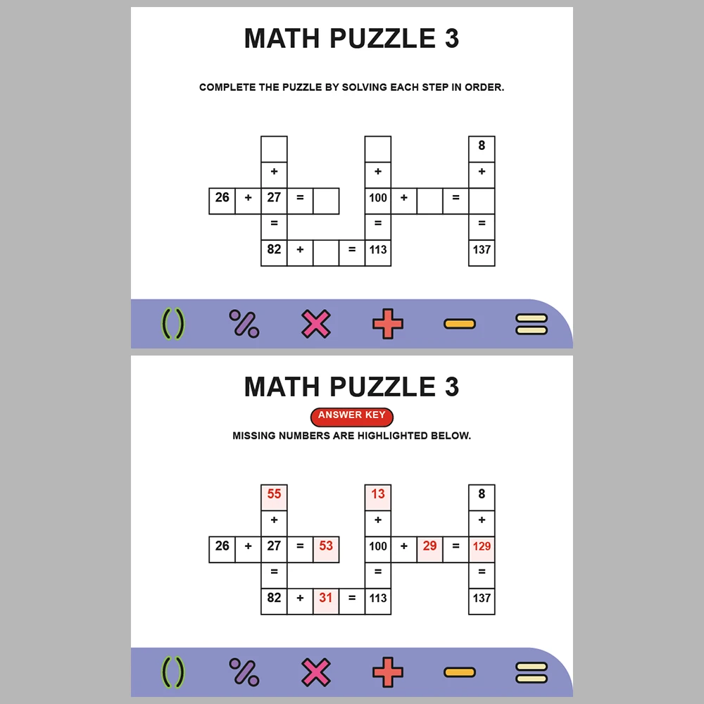 Math Puzzle Addition 10 Puzzle Pages + 10 Answer Key Pages (Vol. 9)