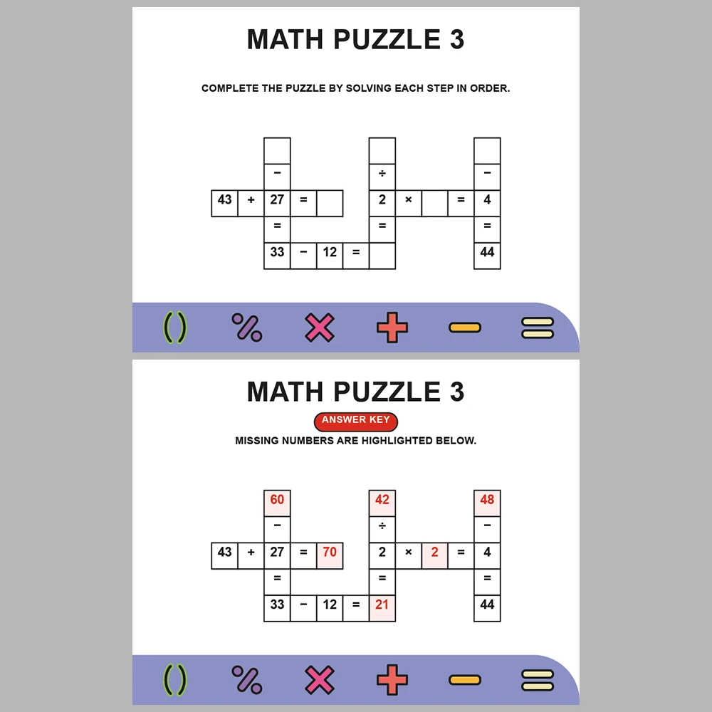 Math Puzzle Four Operations 10 Puzzle Pages + 10 Answer Key Pages (Vol. 12)