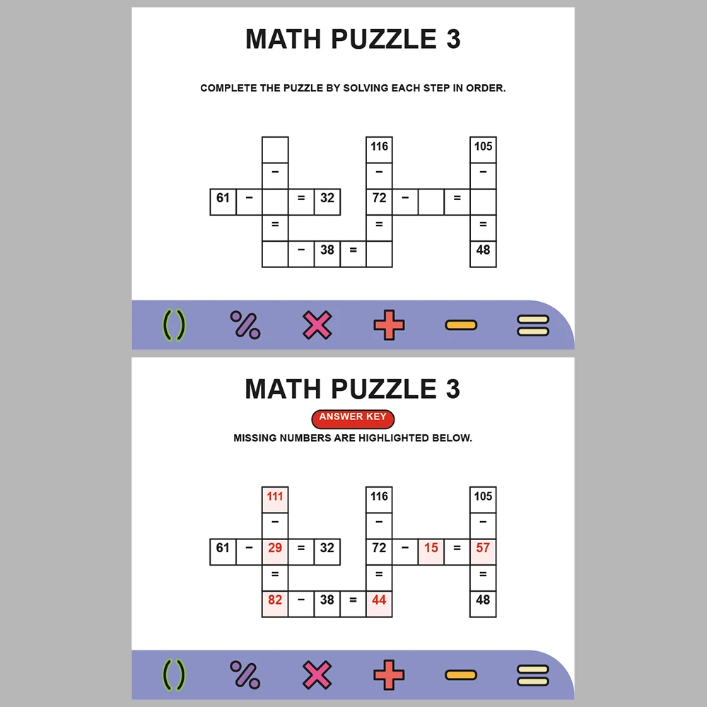 Math Puzzle Subtraction 10 Puzzle Pages + 10 Answer Key Pages (Vol. 6)