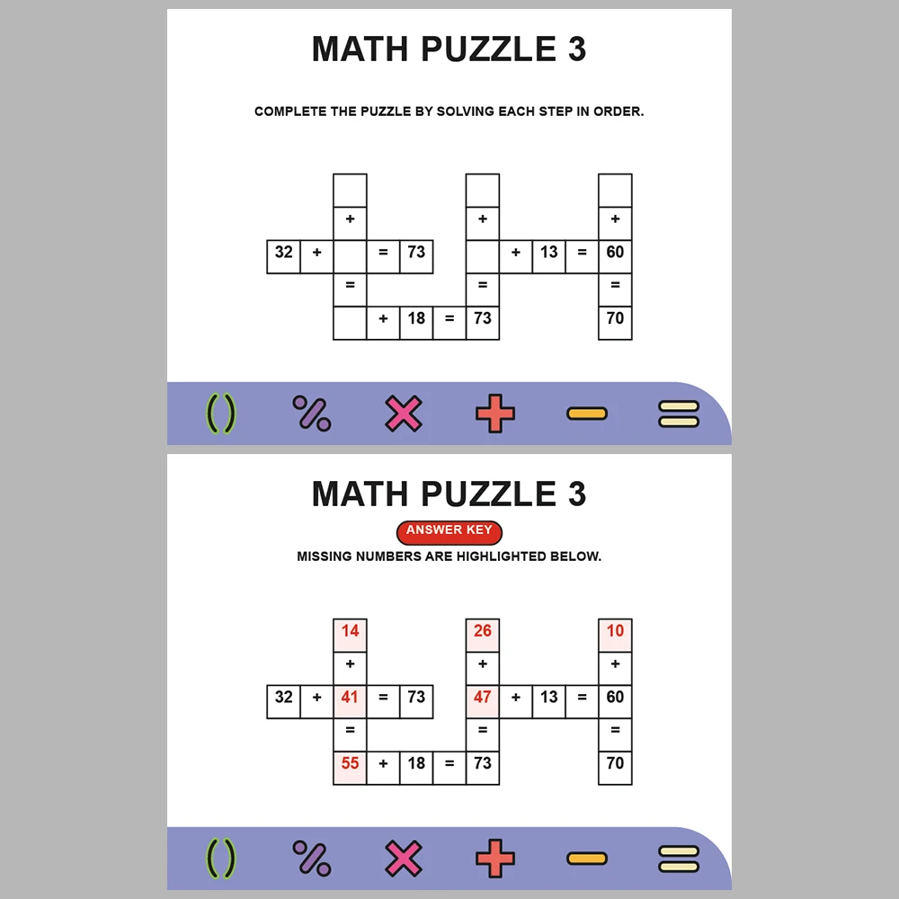 Math Puzzle Addition 10 Puzzle Pages + 10 Answer Key Pages (Vol. 3)
