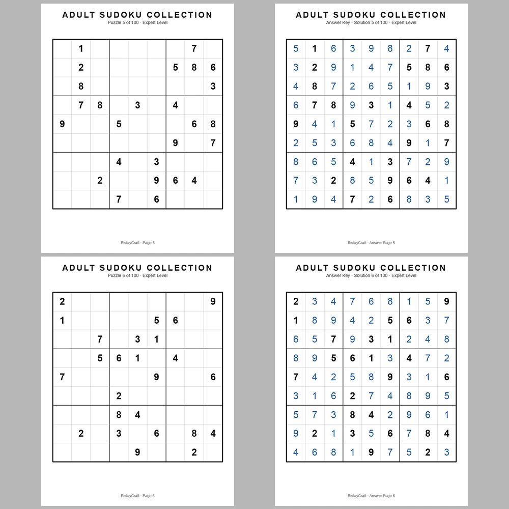 Sudoku Puzzle Adult Expert 100 Puzzle Pages + 100 Answer Key Pages