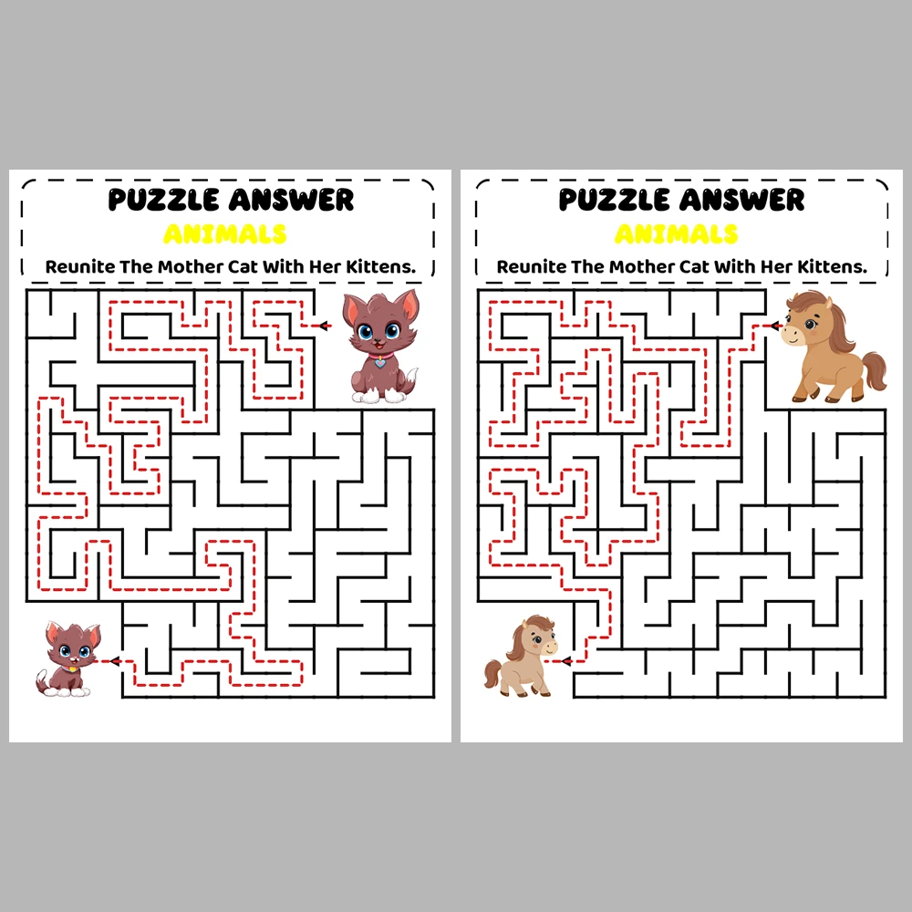Mother and Baby Animal Kids Maze Puzzle 10 Pages of Puzzles