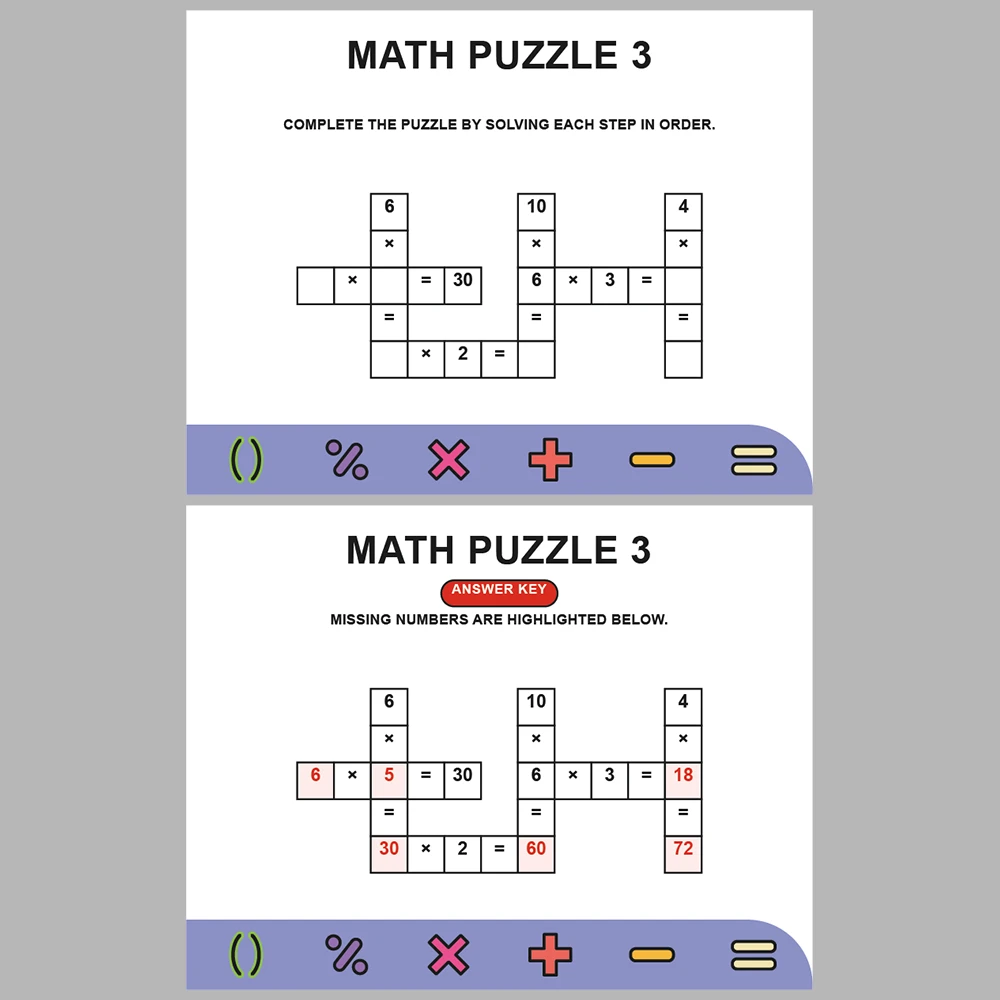 Math Puzzle Multiplication 10 Puzzle Pages + 10 Answer Key Pages (Vol. 6)