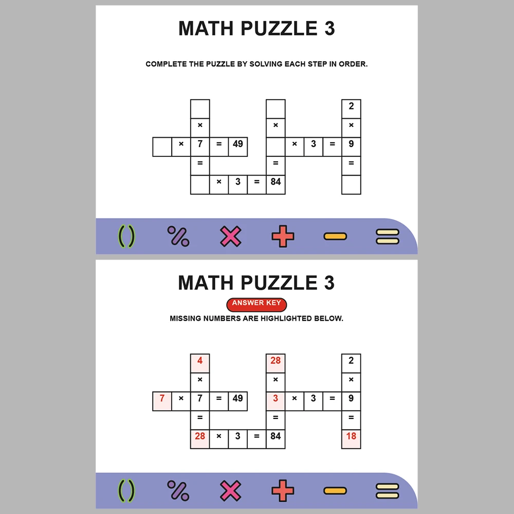 Math Puzzle Multiplication 10 Puzzle Pages + 10 Answer Key Pages (Vol. 3)