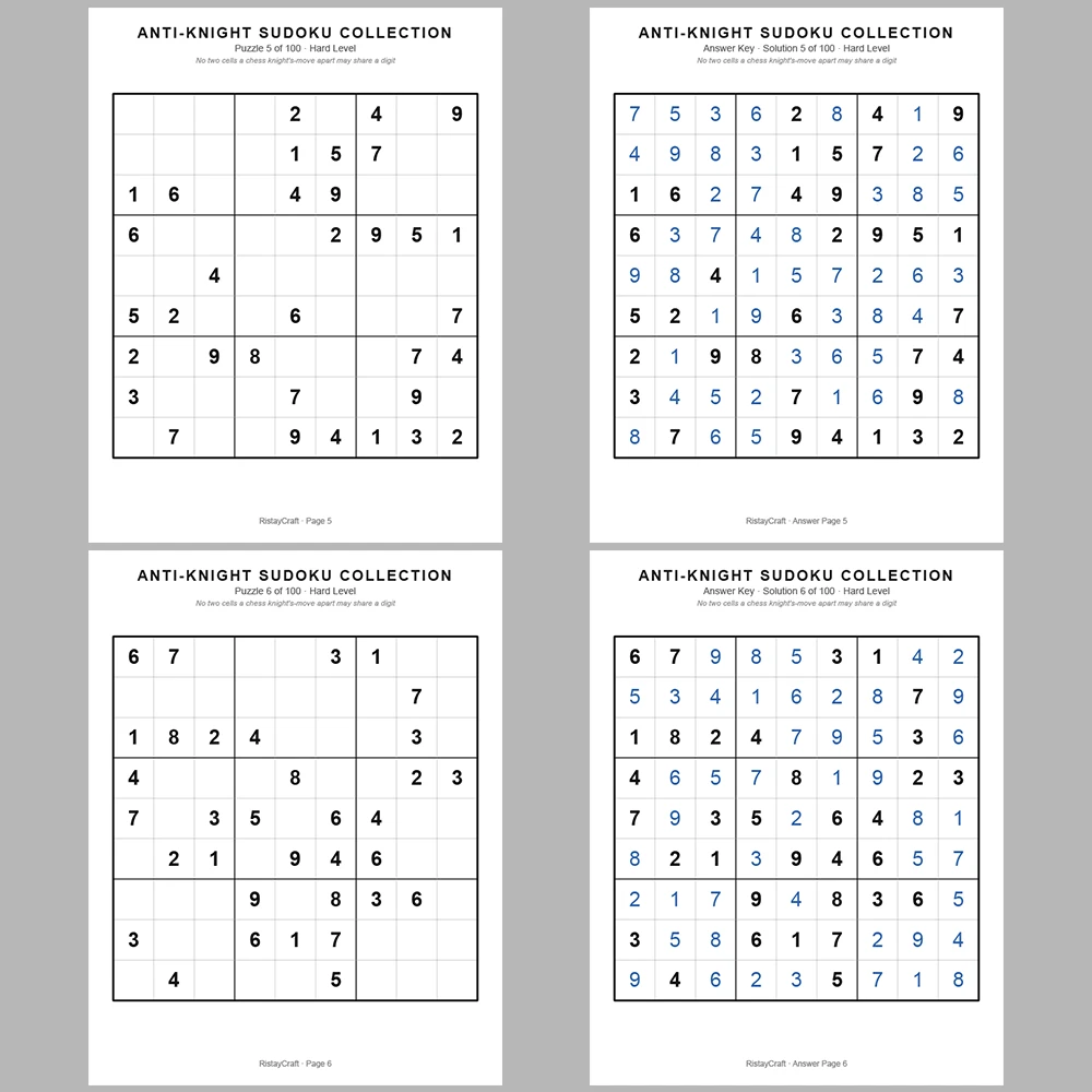 Sudoku Puzzle Anti-knight Sudoku 100 Puzzle Pages + 100 Answer Key Pages
