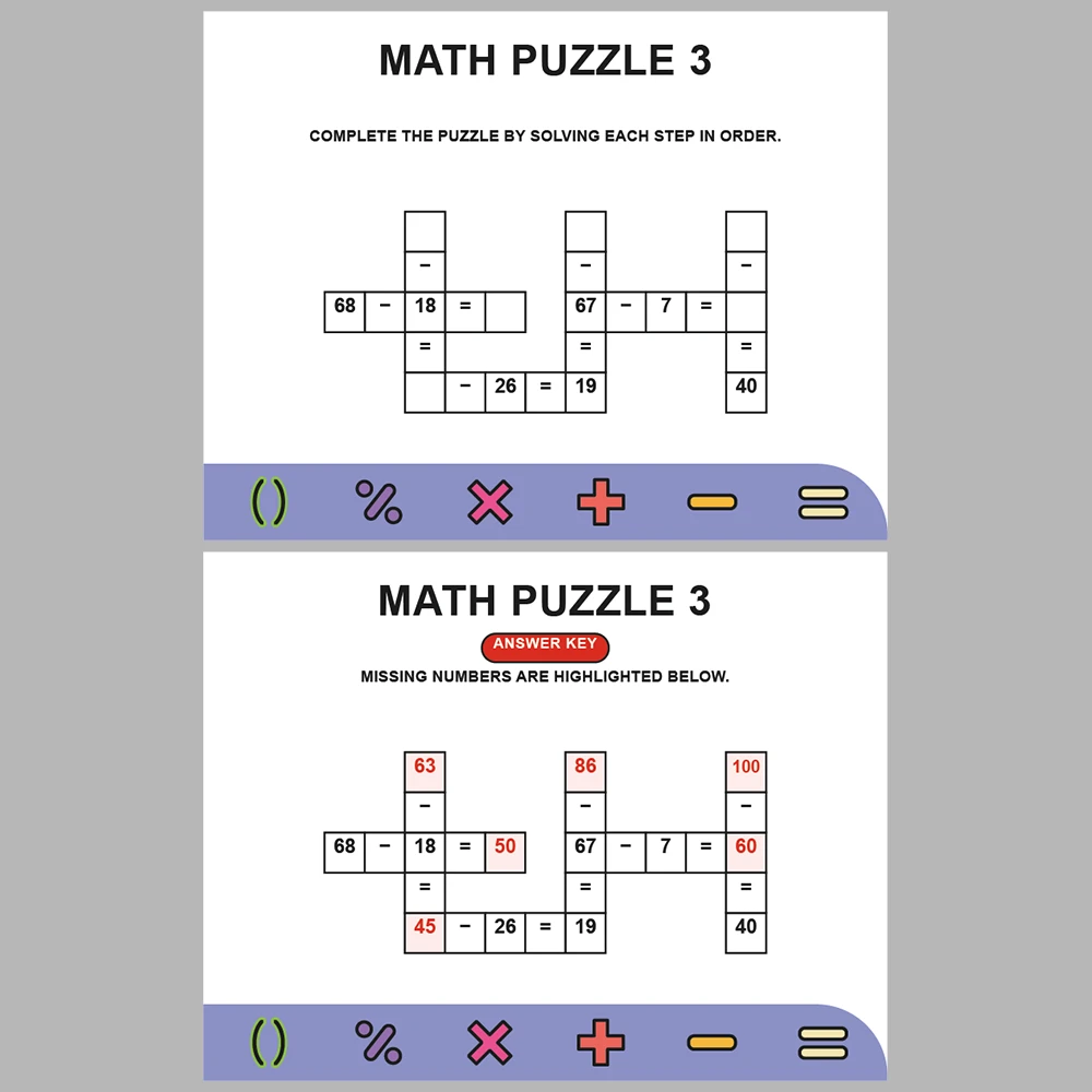 Math Puzzle Subtraction 10 Puzzle Pages + 10 Answer Key Pages (Vol. 3)