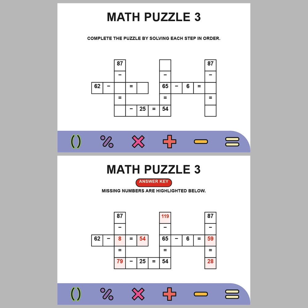 Math Puzzle Subtraction 10 Puzzle Pages + 10 Answer Key Pages (Vol. 5)