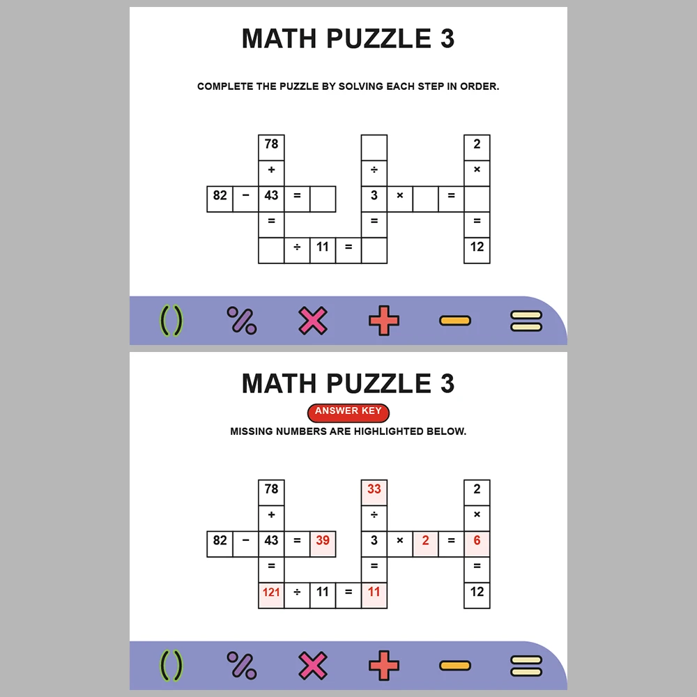 Math Puzzle Four Operations 10 Puzzle Pages + 10 Answer Key Pages (Vol. 20)