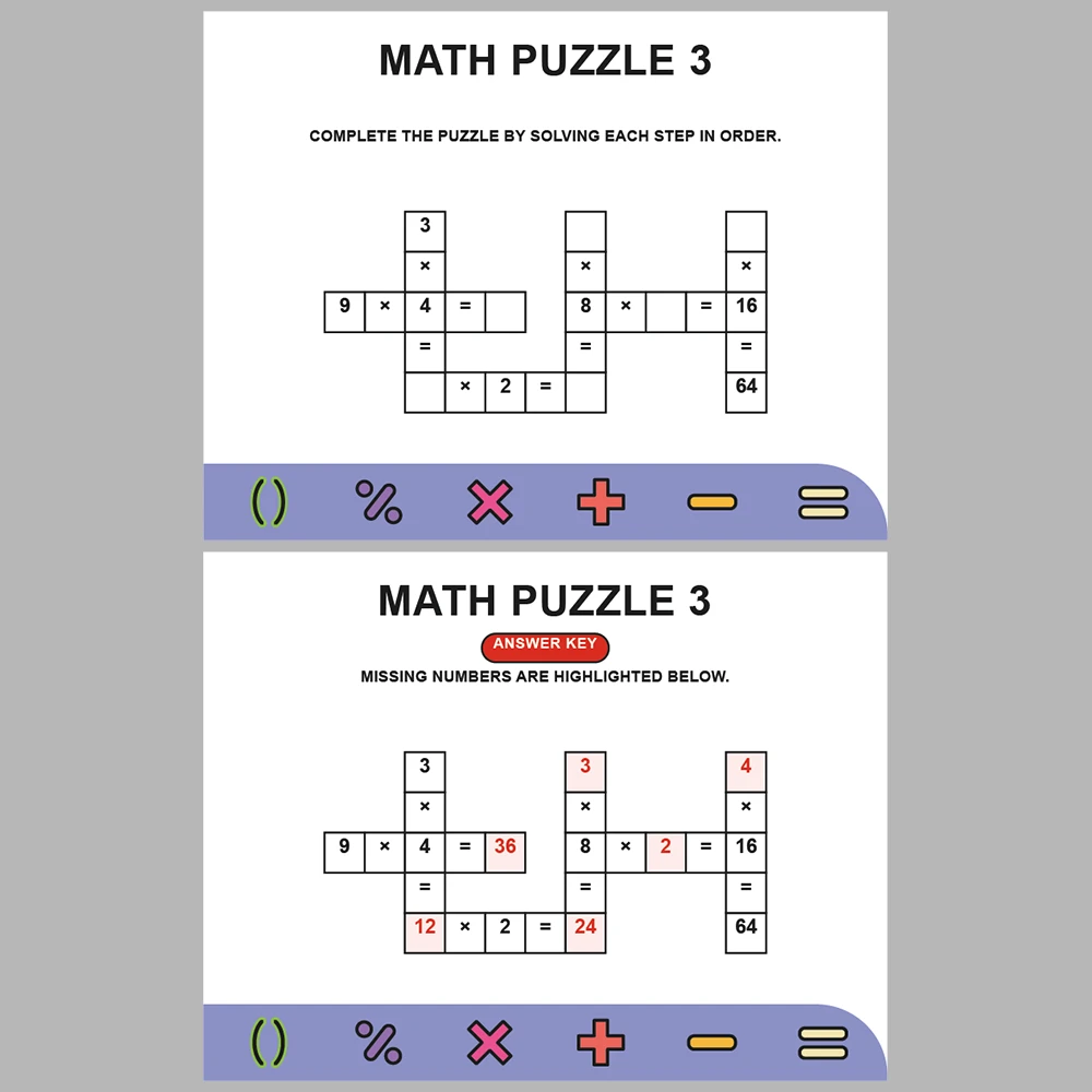 Math Puzzle Multiplication 10 Puzzle Pages + 10 Answer Key Pages (Vol. 5)