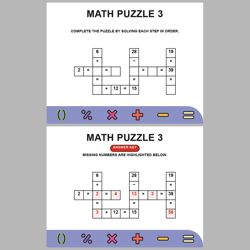 Math Puzzle Four Operations 10 Puzzle Pages + 10 Answer Key Pages (Vol. 2)