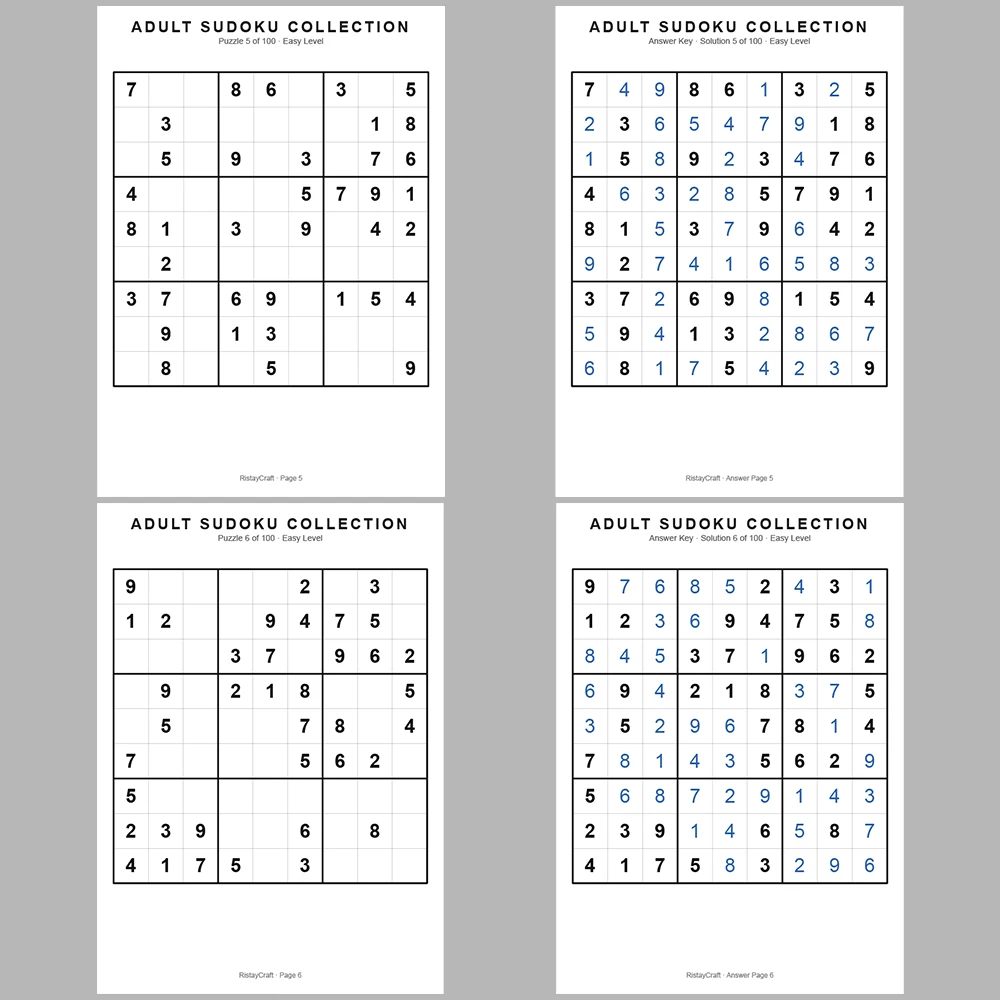 Sudoku Puzzle Adult Easy 100 Puzzle Pages + 100 Answer Key Pages