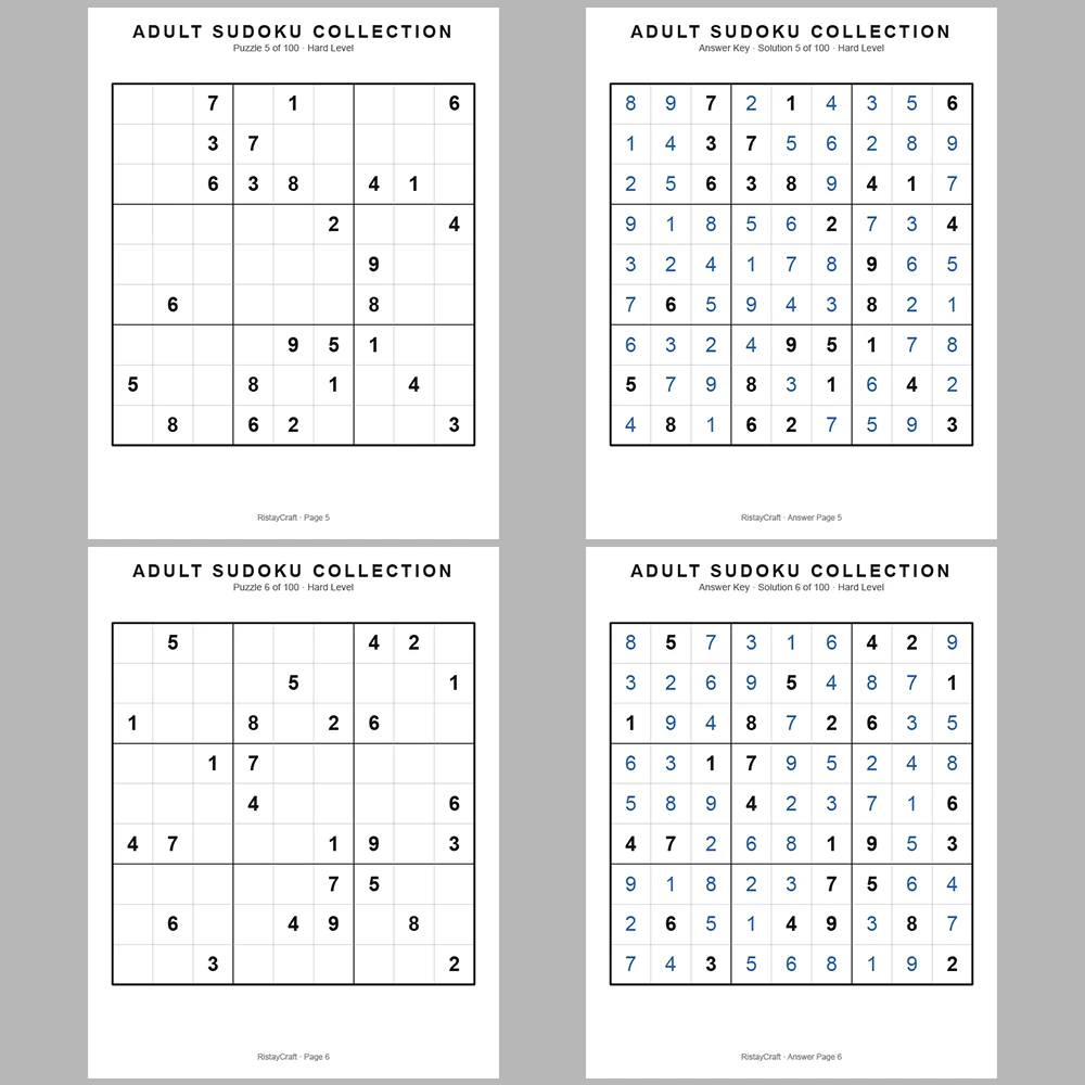Sudoku Puzzle Adult Hard 100 Puzzle Pages + 100 Answer Key Pages