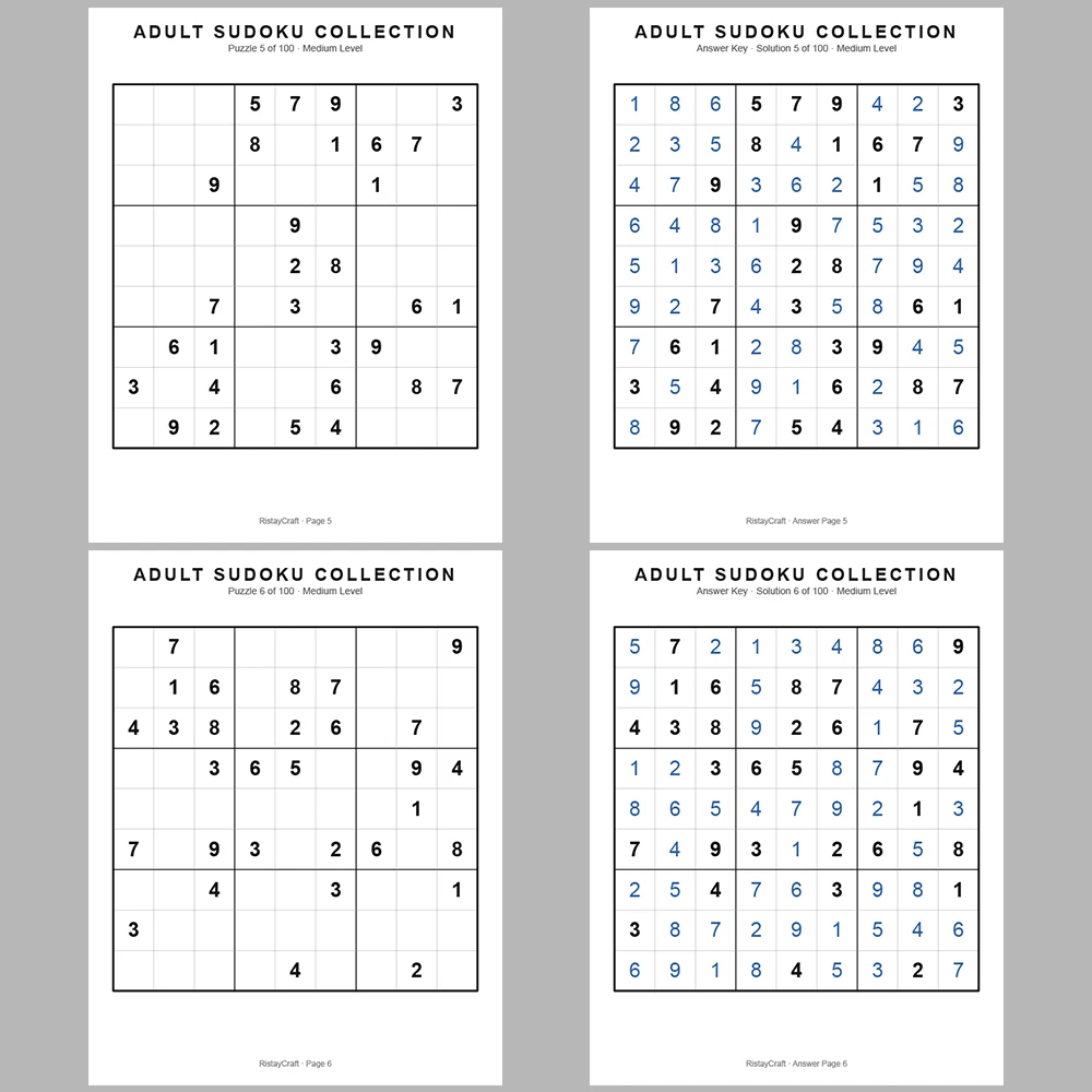 Sudoku Puzzle Adult Medium 100 Puzzle Pages + 100 Answer Key Pages