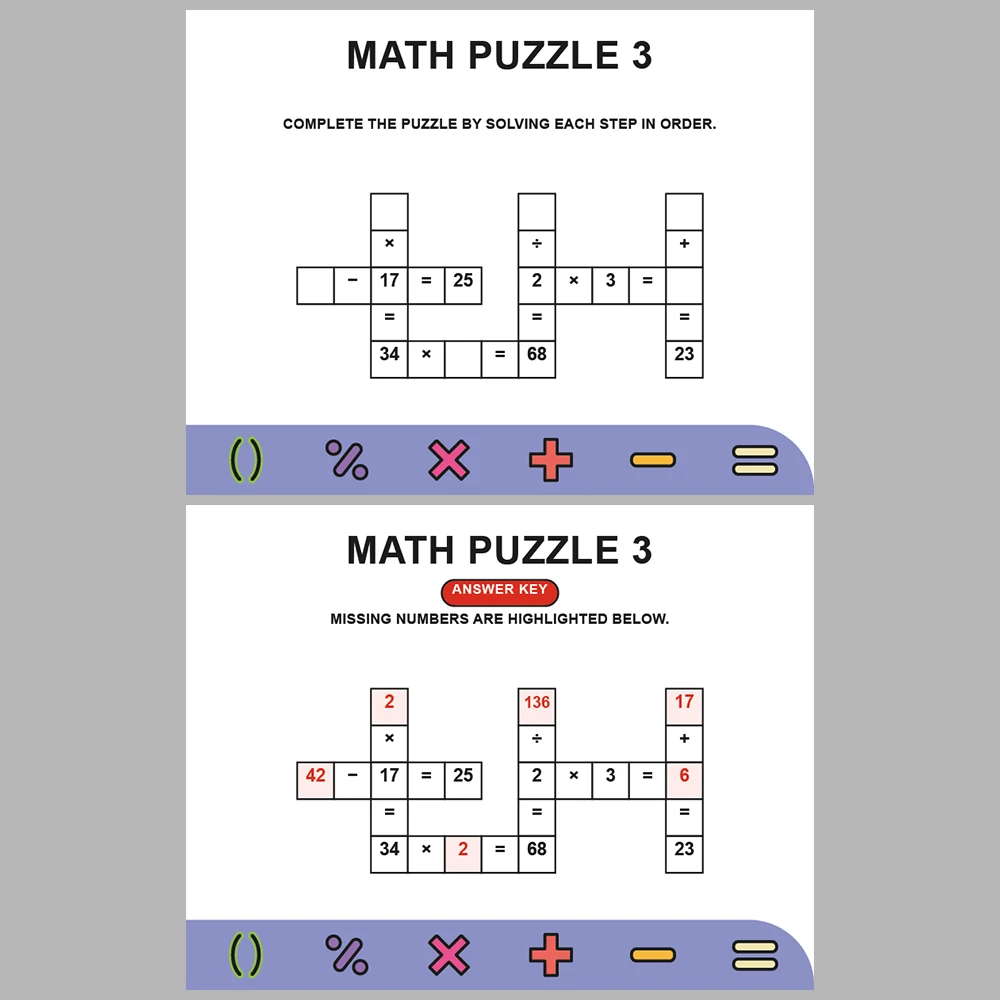 Math Puzzle Four Operations 10 Puzzle Pages + 10 Answer Key Pages (Vol. 9)