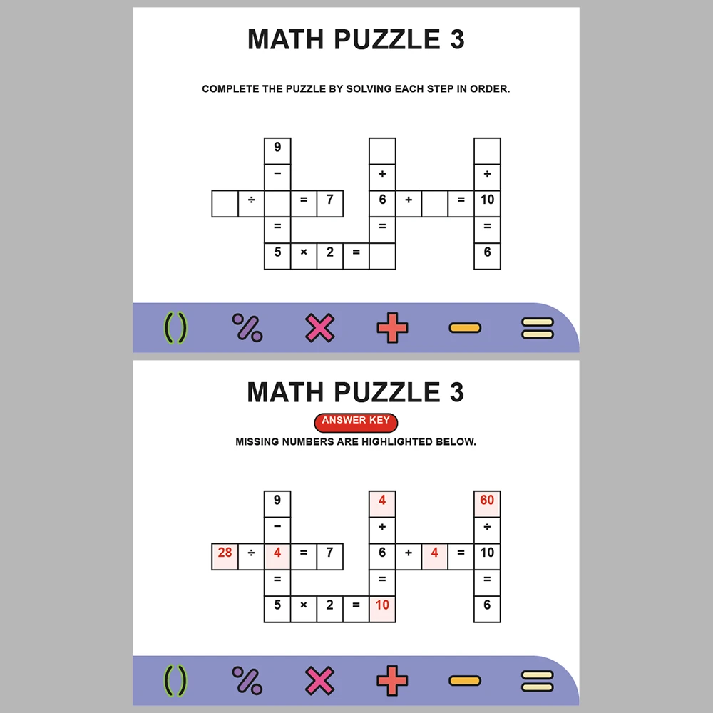 Math Puzzle Four Operations 10 Puzzle Pages + 10 Answer Key Pages (Vol. 4)
