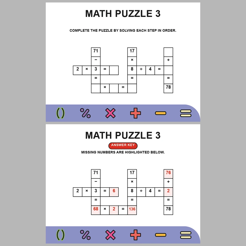 Math Puzzle Four Operations 10 Puzzle Pages + 10 Answer Key Pages (Vol. 18)